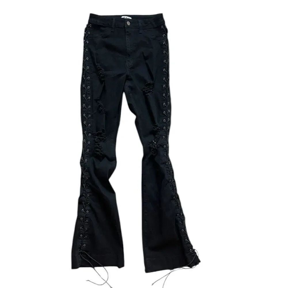 Womens AP Blue by Aphrodite Jeans Distressed Flare Leg Lace Up Jeans  Sz 11